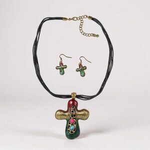 Multi Color Bead On Crodd Pendant Black Cord Necklace Earring Set